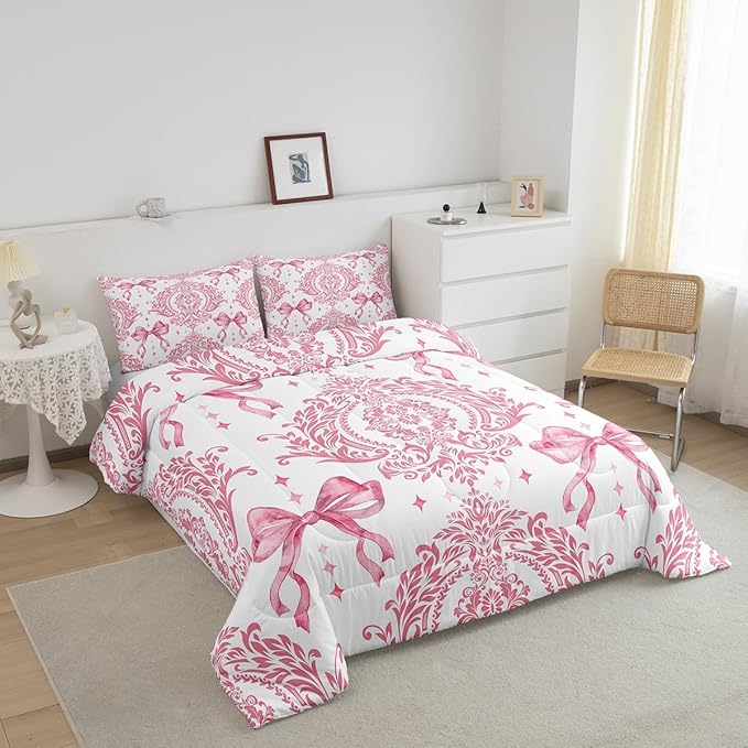 Feelyou Girls Pink Bowknot Comforter Set Queen Size Gothic Damask Comforter Victorian-Themed Bedding Set Baroque Duvet Set Vintage Floral Quilt Set 3Pcs