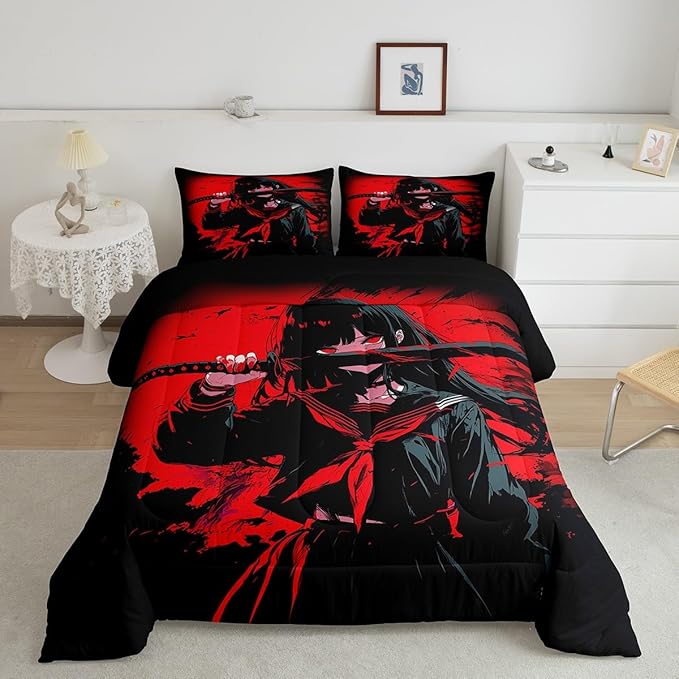 Erosebridal Japanese Anime Bedding Set for Kids, Anime Girl Comforter Set Full Size Japanese Girl Duvet Insert for Girls Teens Adult Room, Kawaii Animation Red Black Quilt, Machine Washable