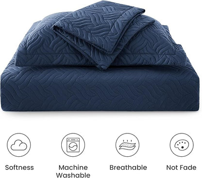 Love's cabin Twin Quilt Set Navy Blue Bedspreads - Soft Bed Summer Lightweight Bedspread Comforter - Modern Style Wave Pattern Coverlet for All Season - 2 Pieces (1 Quilt, 1 Pillow Sham)