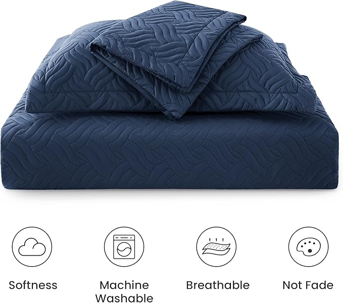 Love's cabin Quilts for Full Bed Navy Blue Bedspreads Bedding Set - Lightweight Bedspread Comforter - Wave Pattern Bedding Coverlet for All Season - 3 Pieces (1 Quilt, 2 Pillow Shams)