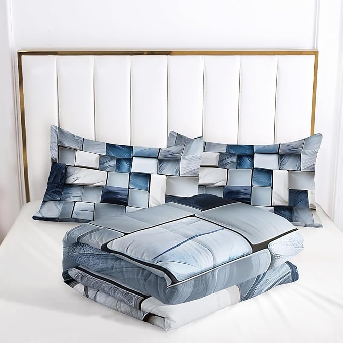 Blue Gray Checkered Comforter Set Full 3D Grid Bedding Sets 3PCS for Kids Teen Adult Boy Room Decor Ultra-Soft Lightweight Microfiber 1 Comforter with 2 Pillowcases