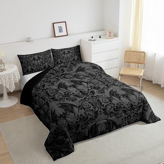 Feelyou Adults Gothic Comforter Set Twin Size Dark Olive Green Damask Comforter Bat Bohemia Boho Bedding Set Goth Duvet Set Vintage Victorian Baroque Floral Quilt Set 2Pcs