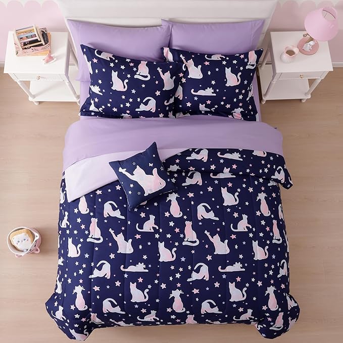 Full Size Comforter Set for Girls-7 Pieces Cute Cat Full Bedding Sets for Kids, Ultra Soft Bed in A Bag with Sheets
