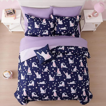 Full Size Comforter Set for Girls-7 Pieces Cute Cat Full Bedding Sets for Kids, Ultra Soft Bed in A Bag with Sheets