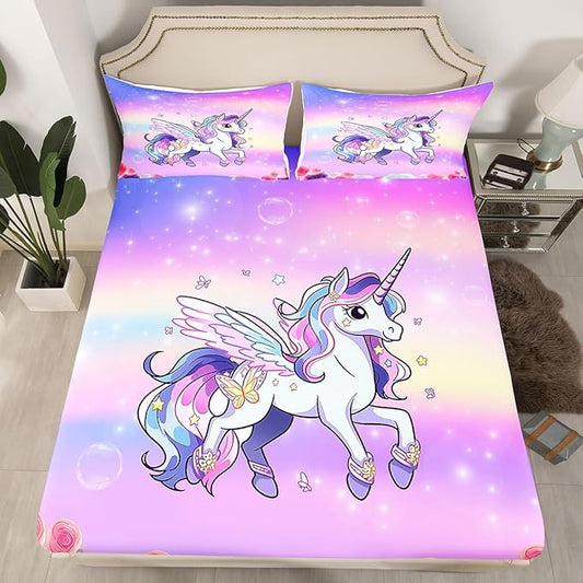 Kids Girls Unicorn Bed Sheets Set Pink Purple Rainbow Fitted Sheet Cartoon Unicorn Bedding Set for Bedroom Decor Rose Flowers Sheets (Full Flat Sheet & Fitted Sheet with 2 Pillow Case)