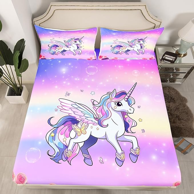 Kids Girls Unicorn Bed Sheets Set Pink Purple Rainbow Fitted Sheet Cartoon Unicorn Bedding Set for Bedroom Decor Rose Flowers Sheet (Queen Flat Sheet & Fitted Sheet with 2 Pillow Case)