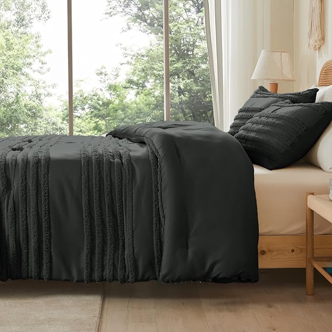 BEDELITE Boho Comforter Set Queen Size, Dark Grey Tufted Striped Bed Set 3 Pieces, Soft Vintage Farmhouse Comforter for All Seasons, Boho Home Decor,Fluffy Jacquard Bedding with 2 Pillow Shams