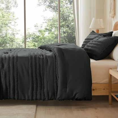 BEDELITE Boho Comforter Set Queen Size, Dark Grey Tufted Striped Bed Set 3 Pieces, Soft Vintage Farmhouse Comforter for All Seasons, Boho Home Decor,Fluffy Jacquard Bedding with 2 Pillow Shams