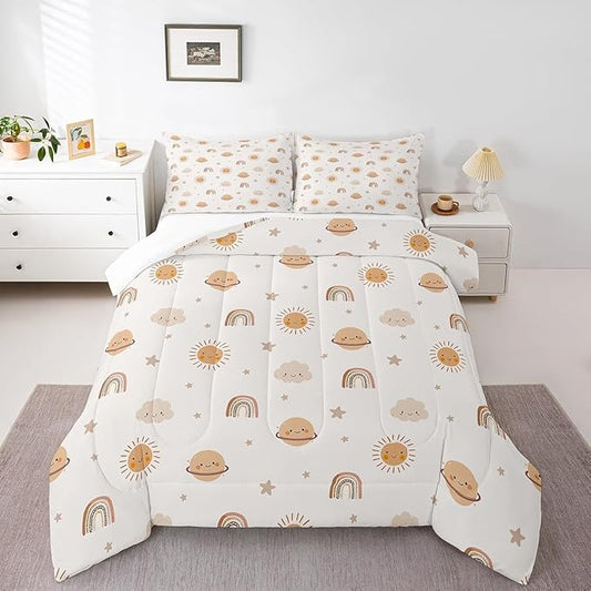 Erosebridal Girls Rainbow Comforter Set Kids Sun and Stars Quilt Full Children Kawaii Planets Clouds Comforters & Sets Girly Cartoon Theme Bedding Set Iridescent Print Down Comforter + 2 Pillowcases