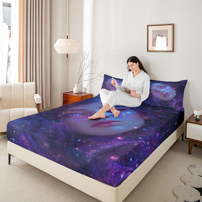 Erosebridal 3D Japanese Girl Fitted Sheet with Glitter Stars Decorations Galaxy Bed Sheets Full Size 3 Pieces Anime Decor Bedding Set, Fashion Anime Gifts for Girls Sheets with 2 Pillowcases