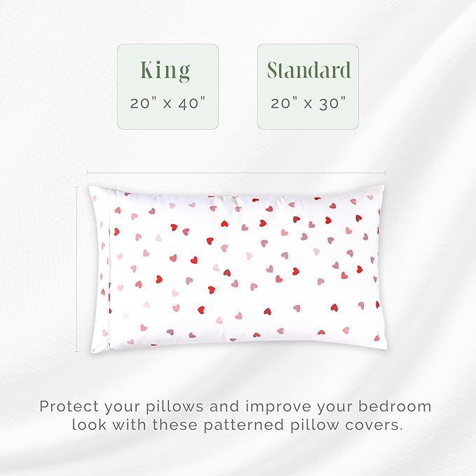 Elegant Comfort Ultra Soft Set of 2 Hearts Print Pillowcases - 1500 Premium Hotel Quality Microfiber, Soft and Smooth Envelope Closure 2-Piece Pillow Covers - Standard/Queen, Valentina