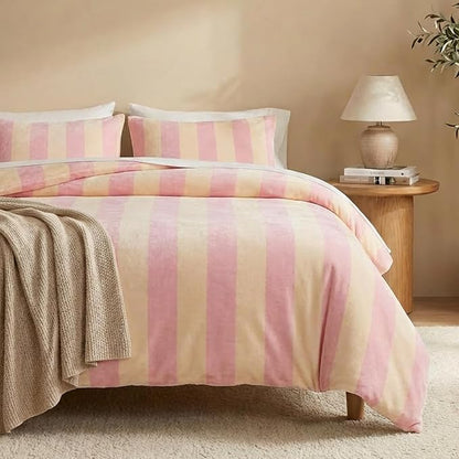 Bedbay Pink Striped Comforter Set Queen Luxury Velvet Comforter Set Cozy Reversible Fleece Soft & Warm Fluffy Flannel Bedding Set Blush Yellow Stripes Pattern Queen Bed Set 3 Pcs with Pillowcases