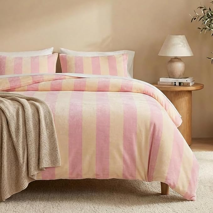 Bedbay Pink Striped Comforter Set King Size Luxury Velvet Comforter Set Cozy Reversible Fleece Soft & Warm Fluffy Flannel Bedding Blush Yellow Stripes Pattern King Bed Set 3 Pcs with Pillowcases
