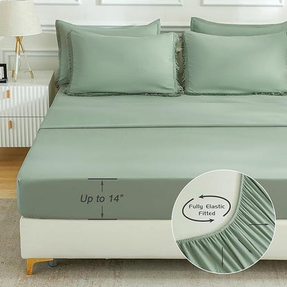Andency Oversized King Comforter Set with Sheets 128x120 Sage Green - 7 Pieces Bed in a Bag Boho Soft Lightweight Bedding Sets, Tassel Bed Set with Comforter, Sheets, Pillowcases & Shams