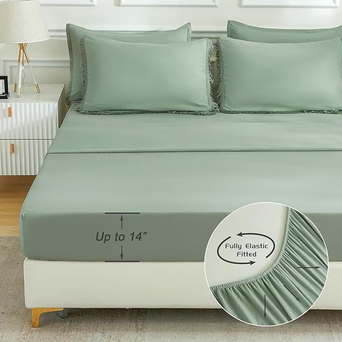 Andency Oversized King Comforter Set with Sheets 120x120 Sage Green - 7 Pieces Boho Tassel Bed in a Bag Soft Lightweight Bedding Sets, Fringe Bed Set with Comforter, Sheets, Pillowcases & Shams