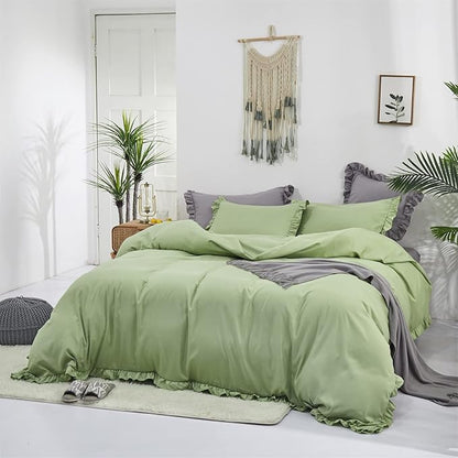 CLOTHKNOW Green Ruffle Comforter Twin/Twin XL Sage Green Bedding Comforter Sets Farmhouse Shabby Chic Comforter Set Vintage Rustic Soft