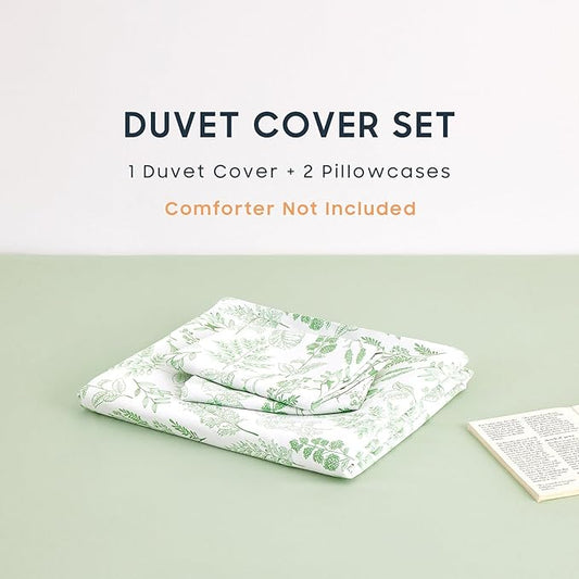 Wake In Cloud - Floral Duvet Cover Set, Botanical Vintage Flower Coquette Cottagecore Aesthetic for Women Teen Girls, Soft Lightweight Bedding, 3-Piece, Light Green, Full Size