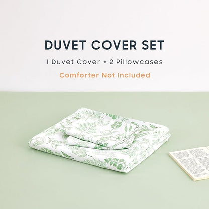 Wake In Cloud - Floral Duvet Cover Set, Botanical Vintage Flower Coquette Cottagecore Aesthetic for Women Teen Girls, Soft Lightweight Bedding, 3-Piece, Light Green, Queen Size