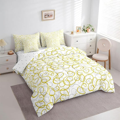 Erosebridal Geometric 7 Piece Comforter Set Full Bed in A Bag Yellow White Abstract Lines Bedding Set for Boys Girls Bedroom Modern Abstract Texture Quilt Contemporary Swirls Aesthetic Sheet Set