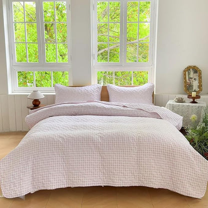 NSNLGSGC Pink Gingham Twin Quilt Set, Soft Pre-Washed Microfiber Pink Plaid Twin Bedspread, Lightweight Checked Summer Quilt, Grid Bedding Coverlets for All Seasons