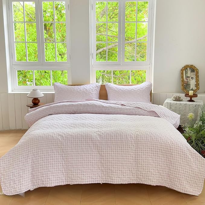 NSNLGSGC Pink Gingham Queen Quilt Set, Soft Pre-Washed Microfiber Pink Plaid Queen Bedspread, Lightweight Checked Summer Quilt, Grid Bedding Coverlets for All Seasons