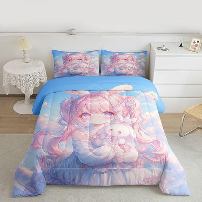 Erosebridal Kawaii Girl Bedding Queen,3D Anime Gifts Comforter Set Japanese Girl with Curly Hair Bed Sets Romance Style Duvet Insert 3 Pieces