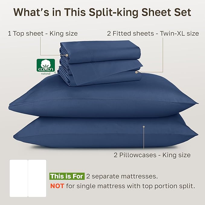 California Design Den Split King Sheets Sets for Adjustable Bed - Luxury Hotel 800 Thread Count Sateen, Natural 100% Cotton Bed Sheets, Deep Pockets & Durable Bedding Set - Navy Blue