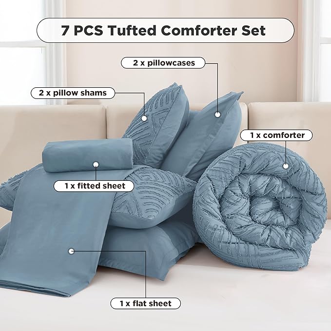 Andency Grayish Blue Super King Size Comforter Set with Sheets - 7 Pieces Bed in a Bag Boho Tufted Bedding Sets Fluffy Lightweight Super King Bed Set with Comforter, Sheets, Pillowcases & Shams