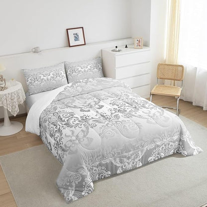 Feelyou Adults Silver Vintage Damask Floral Comforter Set Oriental Antique Comforter Twin Size Gothic Bohemia Boho Flower Bedding Set Gothic Skull Duvet Set Quilt Set 2Pcs