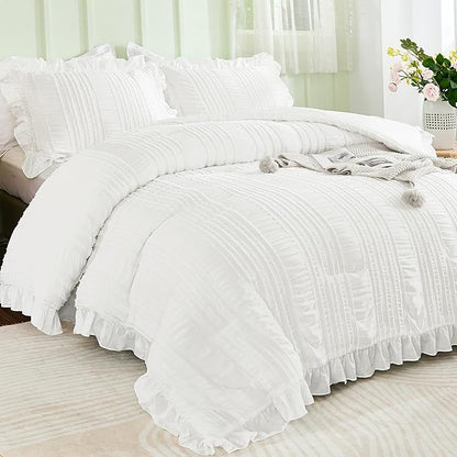 WONGS BEDDING White Comforter Set King,3 Pieces Ruffle Farmhouse Shabby Chic Boho Comforter for King Bed,Soft Textured Bedding Set with 1 Ruffle Comforter,2 Tufted Pillowcases 104"×90"