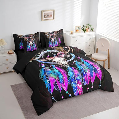 Erosebridal Bull Skull 7 Piece Comforter Set Full Bed in a Bag,Dream Catchers Bedding Sets Bohemian Dreamcatcher Feather Sheet Set with Comforter