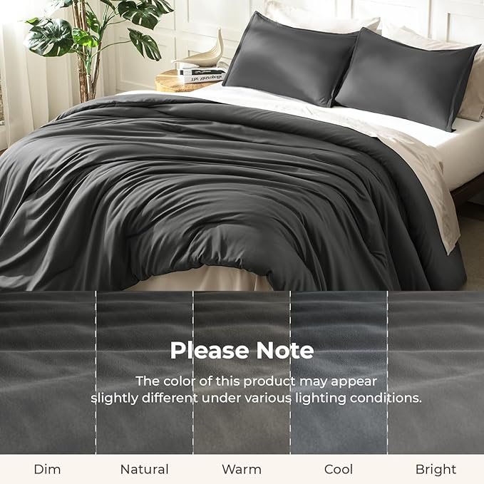 Litanika Dark Grey Comforter Set California King Size, 3 Pieces Cal King Gray Lightweight Plain Bedding Comforter Set, Oversized All Season Fluffy Bed Set (104x96In Comforter & 2 Pillowcases)