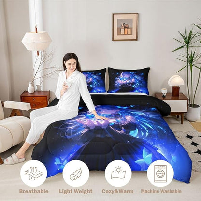 Erosebridal 3D Japanese Girl Kids Comforter Set | Blue Butterfly Decorations Bedding Full Size Cartoon Down Comforter Anime Gifts for Her Duvet Set for Bedroom