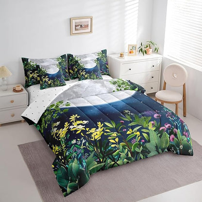 Erosebridal Botanical Comforter Set 7 Piece Bed in a Bag Twin,Jungle Plant Leaves Galaxy Bedding Sets Stars and Moon Sheet Set with Comforter