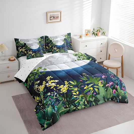 Erosebridal Botanical Bed in a Bag King Size Comforter Set 7 Pieces,Jungle Plant Leaves Galaxy Bedding Sets Stars and Moon Sheet Set with Comforter