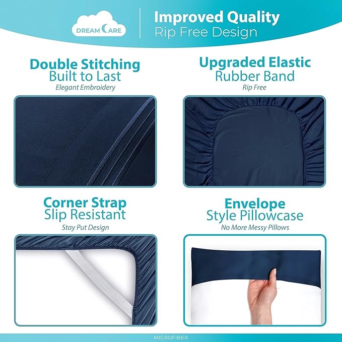 DREAMCARE Queen Size Sheets - Cooling Bed Sheets - 4pcs Set - up to 15" Deep Pocket Queen Sheet Set - Sheets Queen Size Bed - Soft & Long Lasting 100% Fine Brushed Polyester with Side Pocket - NBlue