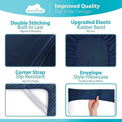 DREAMCARE Queen Size Sheets - Cooling Bed Sheets - 4pcs Set - up to 15" Deep Pocket Queen Sheet Set - Sheets Queen Size Bed - Soft & Long Lasting 100% Fine Brushed Polyester with Side Pocket - NBlue
