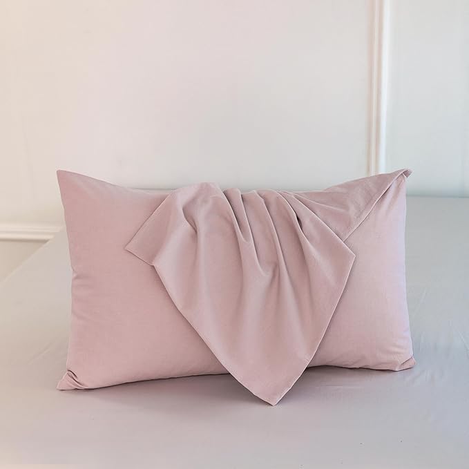 MooMee Bedding Pillowcases Pack of 2 100% Washed Cotton Linen Like Textured Breathable Durable Soft Comfy (Heathered Greyish Pink, Queen)