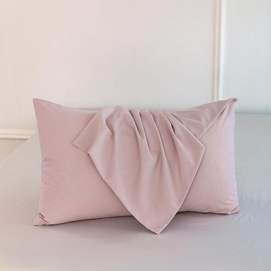 MooMee Bedding Pillowcases Pack of 2 100% Washed Cotton Linen Like Textured Breathable Durable Soft Comfy (Heathered Greyish Pink, Queen)