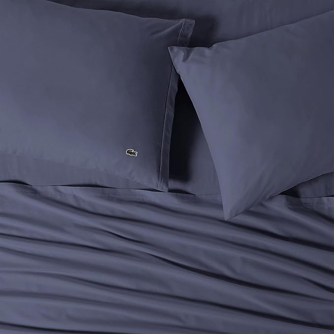Lacoste 100% Cotton Percale 4-Piece Sheet Set – Cool, Crisp, Matte, and Durable, Oeko-Tex Certified – Solid, Vintage Indigo, King