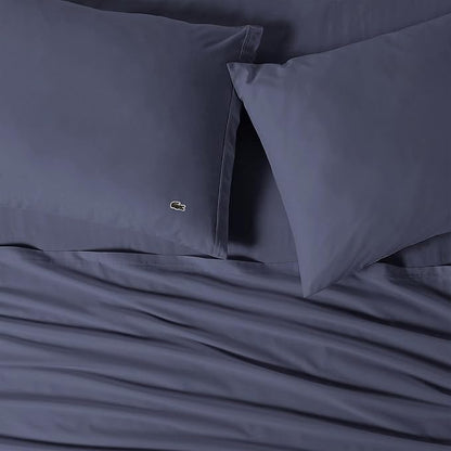 Lacoste 100% Cotton Percale 4-Piece Sheet Set – Cool, Crisp, Matte, and Durable, Oeko-Tex Certified – Solid, Vintage Indigo, Full
