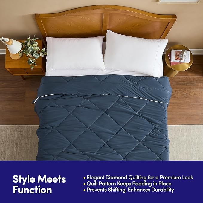 Oversized Cooling Comforter Full/Queen – Reversible Diamond-Quilted Comforter Shell with Elegant Trim – Lightweight Breathable Blanket for Hot Sleepers, Night Sweats & All-Season Comfort, Navy Blue