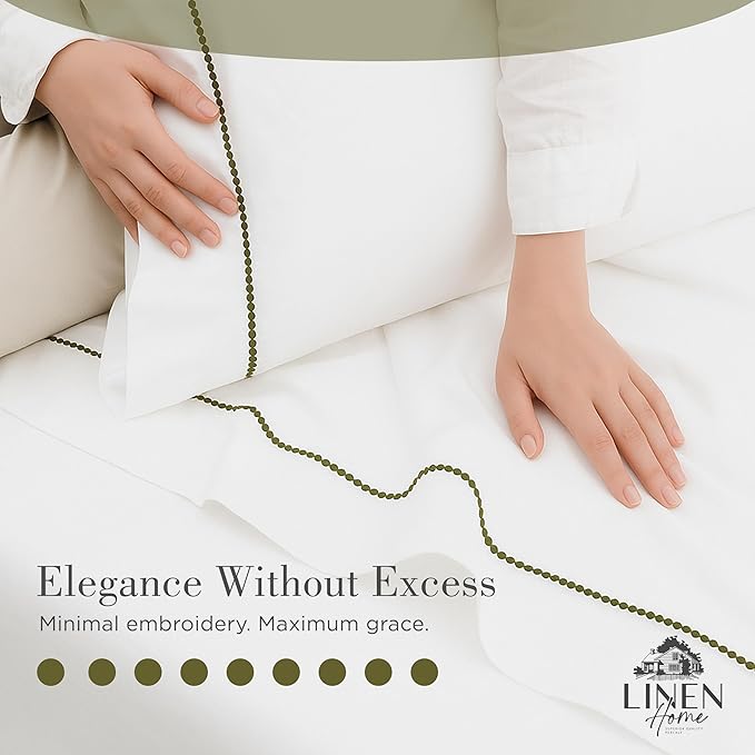 Linen Home 100% Cotton Percale Pearl Stitch Pillowcases Queen/Standard Size, Olive Green, 2 Pieces of Pillow Case, Crisp and Cool Strong Bed Linen, 20 inches X 30 inches