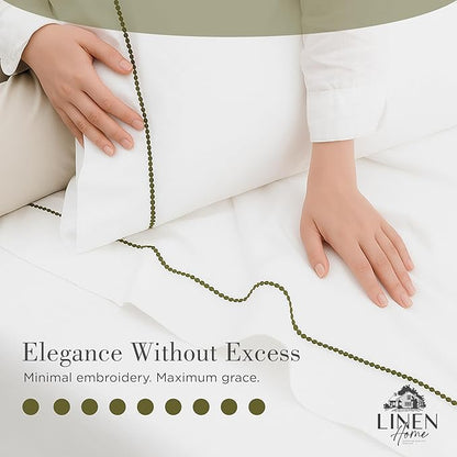 Linen Home 100% Cotton Percale Pearl Stitch Pillowcases Queen/Standard Size, Olive Green, 2 Pieces of Pillow Case, Crisp and Cool Strong Bed Linen, 20 inches X 30 inches