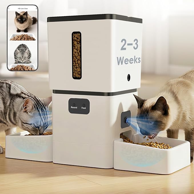 Yakry Automatic Cat Feeder for 2 Cats with Dual Bowls & Two HD Cameras | Easy Setup 5GHz Stable WiFi APP Control Cat Food Dispenser with IR Night Vision - 8L Pet Feeder for Multi-Cat & Small Dogs