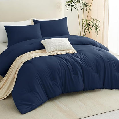 CozyLux Oversized King Comforter Set Navy Blue, 3 Pieces 120x98 Solid Breathable Quilted Bedding Sets for All Seasons, Luxury Soft Lightweight Bed Set with Down Alternative Comforter and 2 Pillowcases
