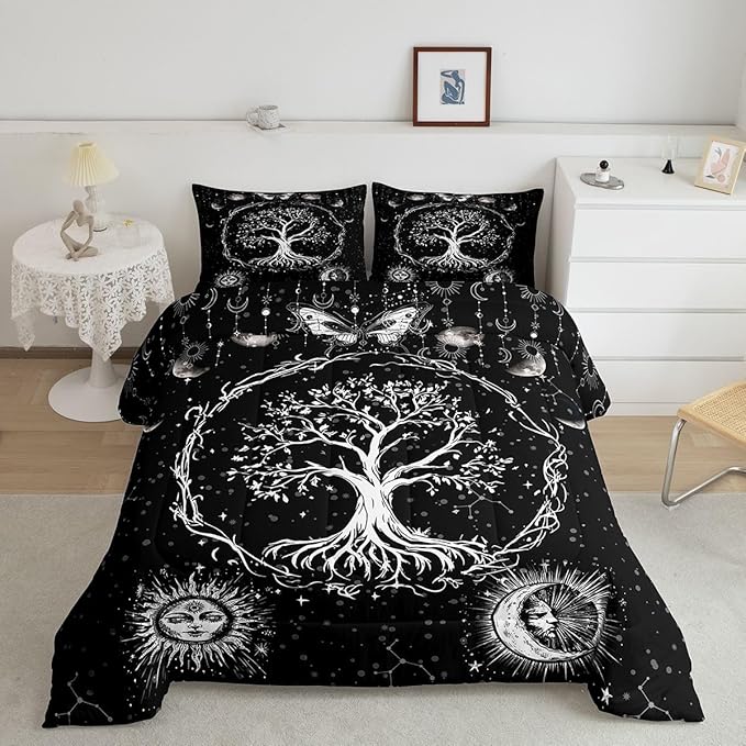 Feelyou Sun and Moon Comforter Bohemian Tree Butterfly Style Bedding Set Psychedelic Hippie Comforter Set for Boys Girls Children Teens Bedroom Decor Galaxy Astrology Duvet Set Full Size