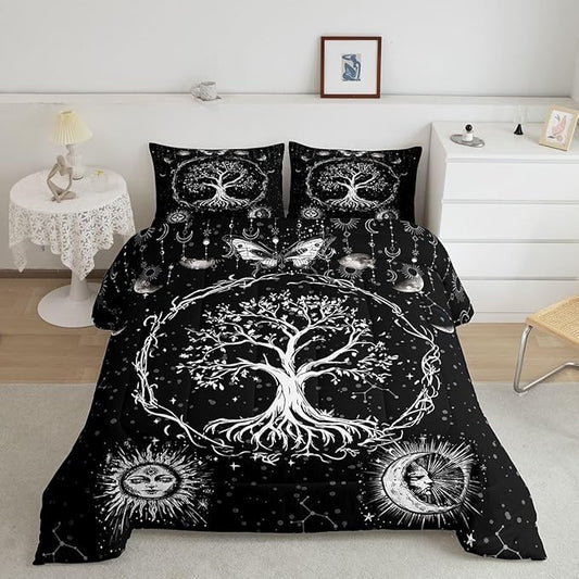 Feelyou Sun and Moon Comforter Bohemian Tree Butterfly Style Bedding Set Psychedelic Hippie Comforter Set for Boys Girls Children Teens Bedroom Decor Galaxy Astrology Duvet Set Full Size