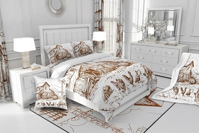 Windmill Comforter Set Full, Rustic Barn Farmhouse Bedding, Chick Cow Farm Animals Down Comforter, Hand Drawn Illustration Bedding Comforters, Countryside Rural Meadow Room Decor Duvet Set, Taupe