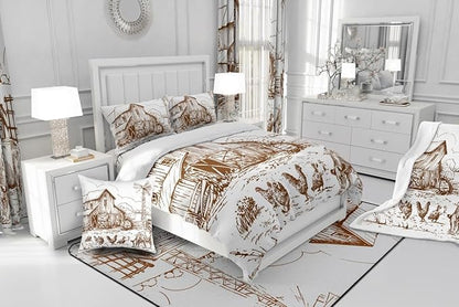 Windmill Comforter Set Full, Rustic Barn Farmhouse Bedding, Chick Cow Farm Animals Down Comforter, Hand Drawn Illustration Bedding Comforters, Countryside Rural Meadow Room Decor Duvet Set, Taupe